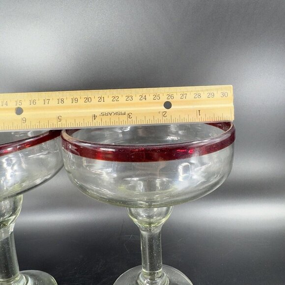 Hand Blown Clear Margarita Drinking Glasses Set 2 With Red Edges Hand Made Glass - Picture 4 of 11